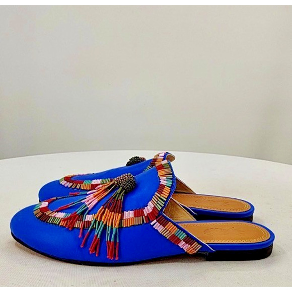 New! Farm Rio Women's Colorful Beaded EmbroideredTassel Blue Mule Shoes 7M - Picture 3 of 3